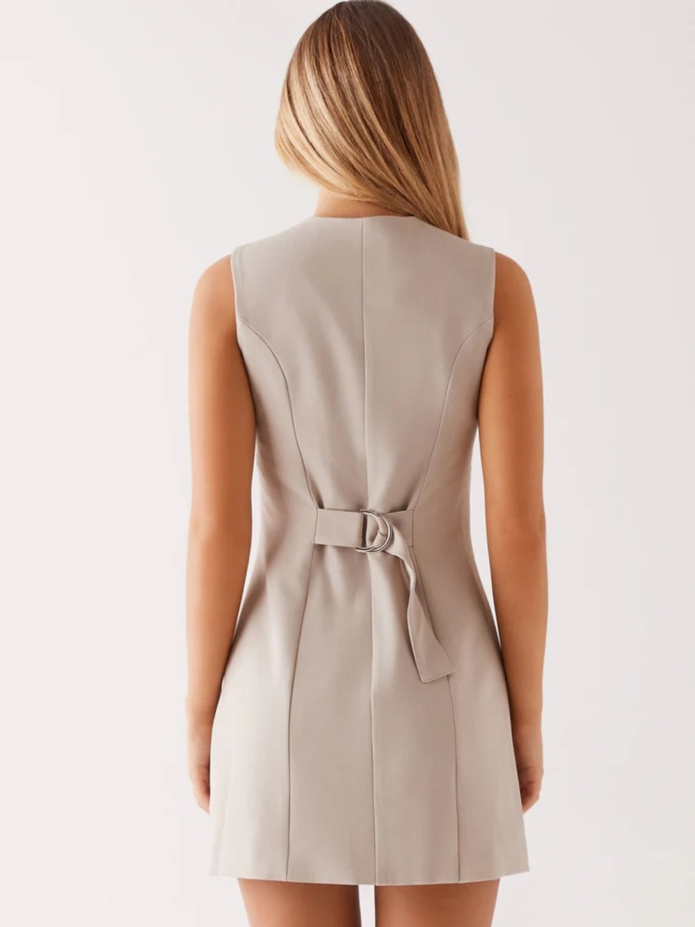Sleeveless Button-Front Mini Dress in Light Beige - Picture 2 of 3